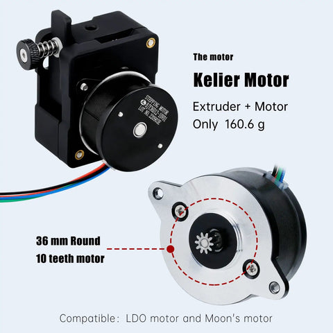 Ultra Lightweight Hgt Extruder with Nema14 36mm High Torque Stepper Motor shown with dual gears and weight details