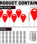 Six Piece Surf Fin Key And Twenty Four Screws Kit For Surfboard And Kayak Fin Replacement Installation And Removal Red All In One Tool Accessory With Spare Keys And Fasteners For On The Go Surf Gear, red fin key and stainless screws