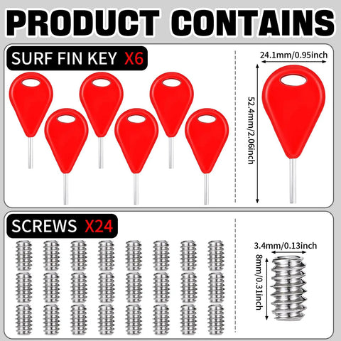 Six Piece Surf Fin Key And Twenty Four Screws Kit For Surfboard And Kayak Fin Replacement Installation And Removal Red All In One Tool Accessory With Spare Keys And Fasteners For On The Go Surf Gear, red fin key and stainless screws