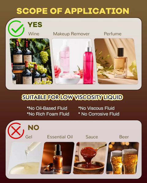 Scope of application for Pro Grade Liquid Filling Machine 1 To 100 Oz Bottle Filler with examples of suitable liquids like wine and perfume.