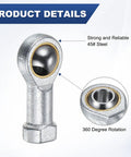 2 Pack PHSA4 Rod End Bearing Set, 1/4 Inch Bore, 1/4-28 Right Thread, Self Lubricating Female Thread Steel Joint Rod Ends With Jam Nuts, Heavy Duty Multipurpose Use For Forging Machines, Hydraulic Cylinders, CNC Equipment, And Automotive Linkages, 45# steel, 360-degree rotation