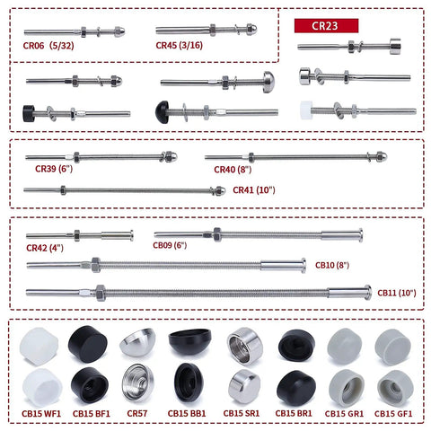 Various sizes of threaded stud tensioners displayed for the 60 Pack One Eighth Inch Cable Railing Hardware Kit stainless steel system