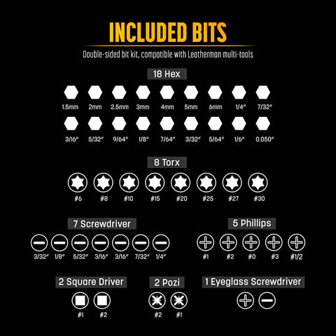 Double Sided Bit Set For Leatherman Tools With Holder, 21 High Quality Double Sided Bits Plus 4 Bonus Bits Including Slot Torx Pozi Hex Phillips And More, Hardened 59HRC S2 Stainless Steel For Maximum Durability; image shows hex, torx, screwdriver bit types.