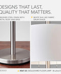 Close-up of a brushed steel base and white silk-like drum shade of a Dual Pull Chain Floor Lamp With Brushed Steel Finish And White Fabric Drum Shade, Two Bulb Setup For Bedroom Living Room Or Office, Modern Versatile Lighting For Any Space, 61 Inches Tall