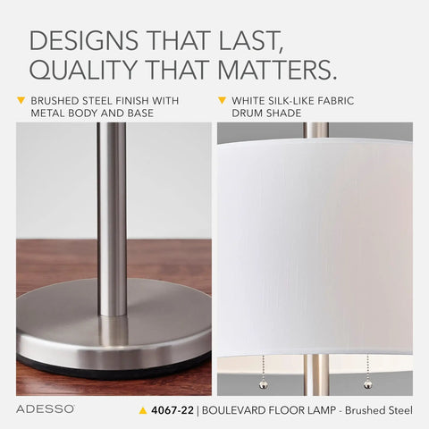 Close-up of a brushed steel base and white silk-like drum shade of a Dual Pull Chain Floor Lamp With Brushed Steel Finish And White Fabric Drum Shade, Two Bulb Setup For Bedroom Living Room Or Office, Modern Versatile Lighting For Any Space, 61 Inches Tall