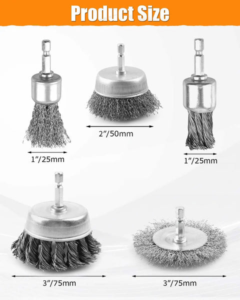 5 Piece Drill Wire Brush Set with One Quarter Inch Hex Shank Heavy Duty Carbon Steel Crimped Bristles multi-size brushes