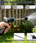 User using Transform Your Hose Into A High Pressure Water Jet With This Heavy Duty Garden Hose Nozzle, Multi Function Lawn And Garden Sprayer With 360 Degree Adjustable Spray, Three Modes And Foam Pot For Cleaning Yard Cars Pets, spraying water in backyard