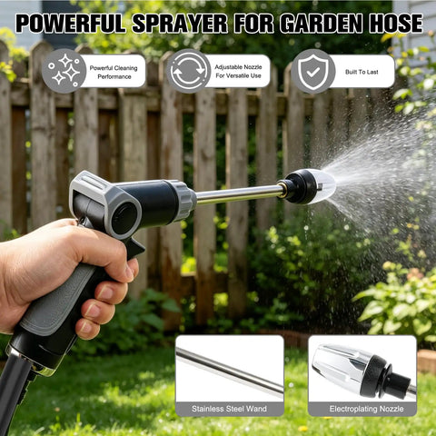 User using Transform Your Hose Into A High Pressure Water Jet With This Heavy Duty Garden Hose Nozzle, Multi Function Lawn And Garden Sprayer With 360 Degree Adjustable Spray, Three Modes And Foam Pot For Cleaning Yard Cars Pets, spraying water in backyard