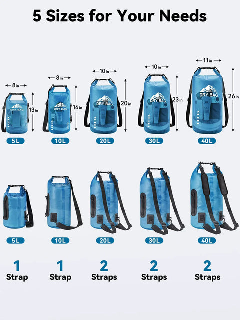 Multiple sizes of Waterproof Dry Bag Roll-Top Backpack for Travel and Water Sports, Ultra Lightweight 5L with Phone Case