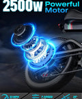 Electric Fat Tire Bike For Adults With 2500W Peak Motor, 100 Mile Range, featuring rear wheel motor detail in blue glow