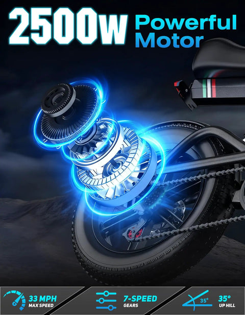 Electric Fat Tire Bike For Adults With 2500W Peak Motor, 100 Mile Range, featuring rear wheel motor detail in blue glow
