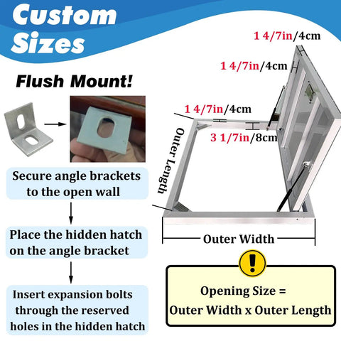 Invisible Ceiling Hatch And Crawl Space Access Door For Seamless Tile Wood Floor Panel Cover In Basement Garage Spot Manual Open, shown with dimensions and installation guide.
