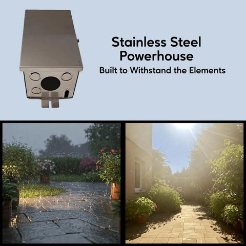 Multi Tap Wall Mount Low Voltage Transformer 12 To 15 Volt 300 Watt UL ETL Listed for garden landscape lighting, stainless steel.