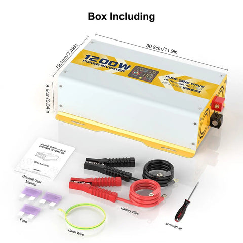 1200W Pure Sine Wave Inverter 12V DC To 120V AC With LCD Display GFCI Outlet Peak 2400W Surge Low THD Box Contents View