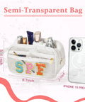 Clear Sunscreen Bag For Beach Days And Travel Waterproof Toiletry Organizer Pouch with colorful SPF letters and dimensions shown