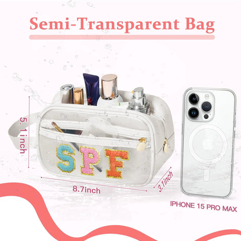 Clear Sunscreen Bag For Beach Days And Travel Waterproof Toiletry Organizer Pouch with colorful SPF letters and dimensions shown