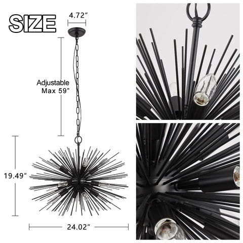 Black Sputnik Starburst Chandelier With 12 Lights 24 Inches Mid Century Firework Pendant Light Fixture size and detail view