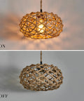 Plug In Boho Pendant Light With Hemp Rope Cord 15.1 Feet Long, Woven Rattan Cage Hanging Lamp, On Off Switch shown lit and unlit