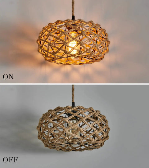 Plug In Boho Pendant Light With Hemp Rope Cord 15.1 Feet Long, Woven Rattan Cage Hanging Lamp, On Off Switch shown lit and unlit
