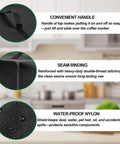 Close-up of black Coffee Marker Cover for Keurig K-Mini Mate, highlighting waterproof nylon, seam binding, and handle design.