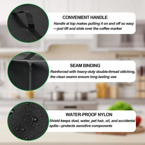 Close-up of black Coffee Marker Cover for Keurig K-Mini Mate, highlighting waterproof nylon, seam binding, and handle design.
