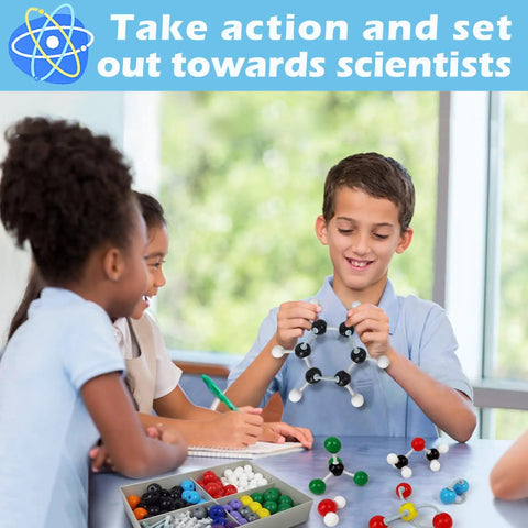 Children using Molecular Model Kit For Chemistry Learning, 125 Pieces Ball And Stick Models in classroom setting.