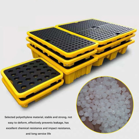Stacked oil spill containment trays for garage and shop, anti-slip polyethylene platform, modular leakproof pallets
