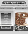 No Fuss Automatic Parrot Food Dispenser Extra Large High Quality Acrylic Bird Feeder For Cage shown with weekly feeding chart.