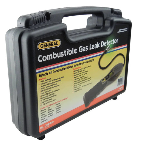 Front view of General Tools CGD900 combustible gas leak detector case, black plastic with handle
