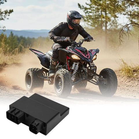Pro Grade CDI Box Replacement For Yamaha YFZ 450 And Honda ATVs, shown in foreground with rider in background