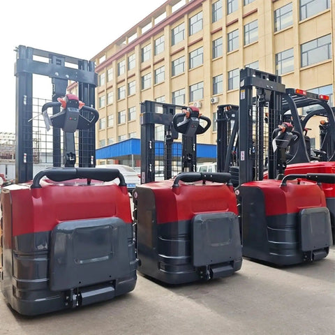 Heavy Duty Hydraulic Pallet Stacker For Warehouse Operations And Material Handling, three units parked outdoors, rock solid design.