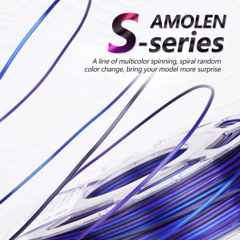 Close-up of Silk Multicolor Rainbow PLA Filament Bundle for 3D Printing, showing vibrant blue and purple color changes in spool.