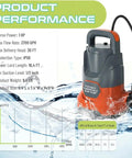 Heavy Duty 1HP Submersible Sump Pump Churning Out A Hefty 3700 Gph Flow Through Thermoplastic Housing positioned in water with specs.