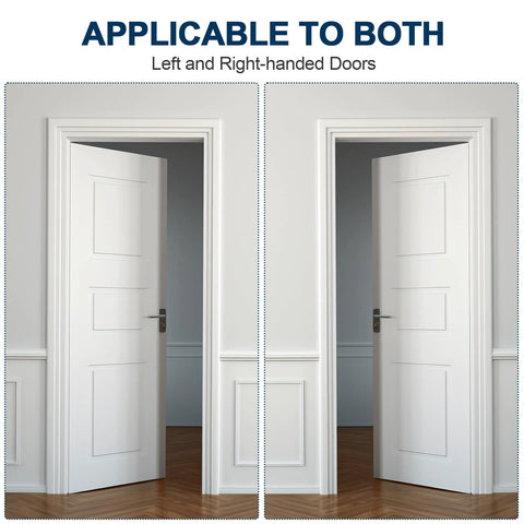 Two white paneled interior doors in frames, one opened to the left and one to the right.