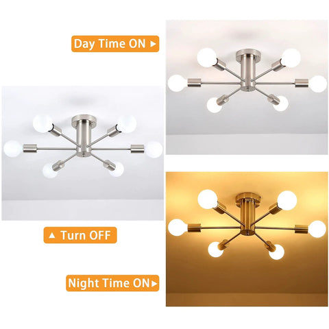 Six Light Sputnik Ceiling Light Fixture for Kitchen Dining Room Living Space Modern Mid Century Chandelier Style Nickel Metal