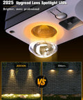 2025 Upgrad Lens Spotlight LEDs in black housing, demonstrating brightness with comparison display for effective outdoor lighting.