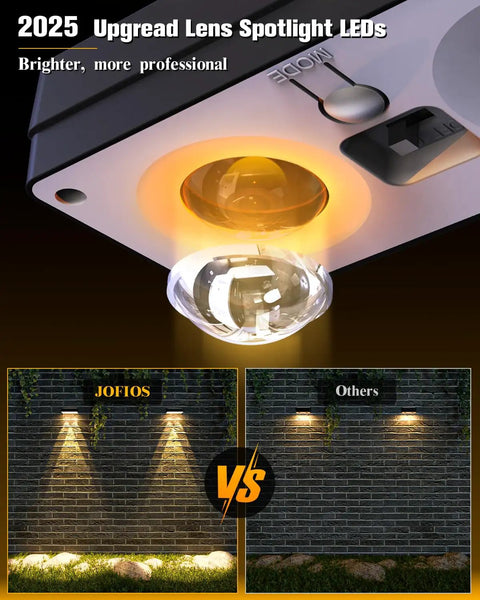 2025 Upgrad Lens Spotlight LEDs in black housing, demonstrating brightness with comparison display for effective outdoor lighting.