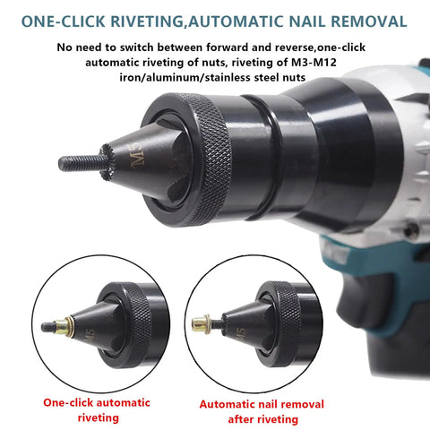 Heavy Duty Cordless Rivet Nut Gun Kit With Two Rechargeable Packs For Zero Wire Drags showing one-click automatic riveting tool for M3-M12.