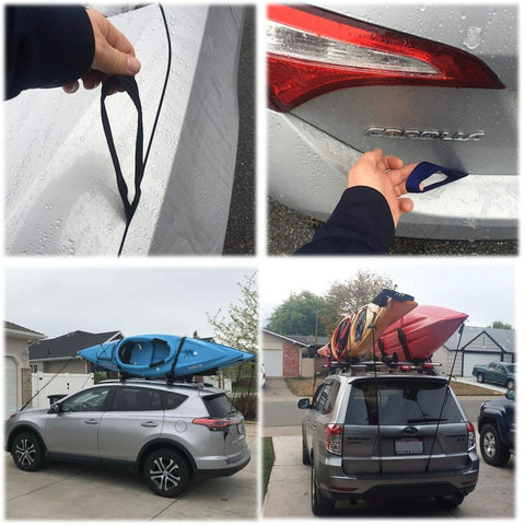Rugged Kayak Tie Down Straps Set With Bow And Stern Tie Downs Loops And Ratchet Rope Easy Anchor Point Hanger Kit in use with cars.