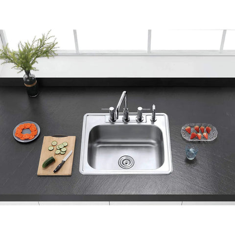 Gourmetier Studio Self Rimming Single Bowl Kitchen Sink GKTS25228 in brushed stainless steel installed on dark countertop