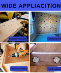 100 Pack 1 Quarter Inch 20 T Nuts Zinc Plated Steel Threaded Inserts Five Sixteenth Inch Barrel Length Four Prong Tee Nuts For Wood Cabinets Furniture Climbing Holds Home Outdoor Use Corrosion Resistant shown in various applications including wooden products, climbing wall, furniture making, and fixed cabinets.