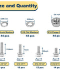 Components of 3/8-16 Stainless Steel Flange Bolts Kit, 112 Pieces With Washers And Serrated Flange Nuts, sizes and quantity chart