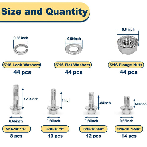 Components of 3/8-16 Stainless Steel Flange Bolts Kit, 112 Pieces With Washers And Serrated Flange Nuts, sizes and quantity chart
