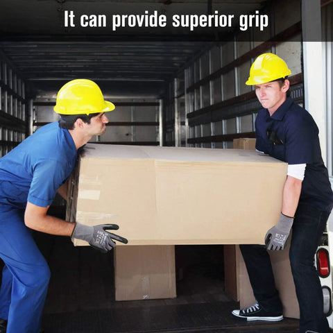 Workers wearing Spandex Liner Nitrile Coated Work Gloves NP1001 carrying a box in a truck, showcasing superior grip and dexterity.