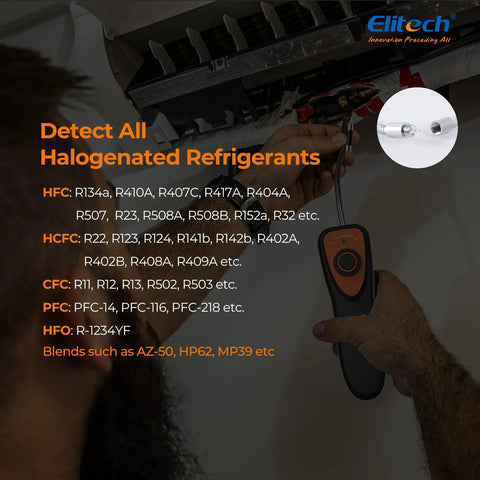 Elitech CLD-100 handheld refrigerant leak detector used on car HVAC; detects halogenated refrigerants (CFC/HCFC/HFC)