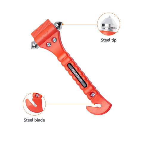 Amazon Basics orange emergency car escape tool with steel tip window breaker and seatbelt cutter, protective bracket