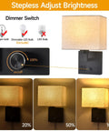 Plug In Wall Sconce Hits Different With Touch Dimmer, matte black metal base and soft cream fabric shade displaying dimmer settings.