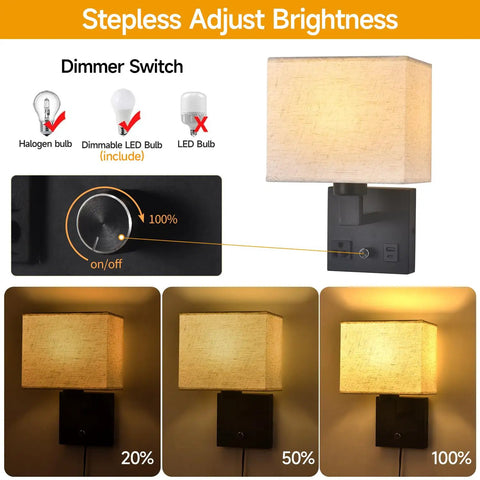 Plug In Wall Sconce Hits Different With Touch Dimmer, matte black metal base and soft cream fabric shade displaying dimmer settings.