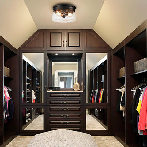 11 Inch Black Seeded Glass Flush Mount Ceiling Light With Drum Shade in elegant modern farmhouse closet setting