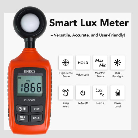 Lux Meter For Plants And Studio Photography With High Sensitivity Probe Auto Ranging Max Min Mode Backlit Screen 0 To 200000 Lux Pro Grade Readings For Industrial Work And Indoor Grow Setups orange handheld meter with display